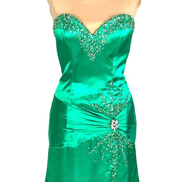 Precious Formal Strapless Sweetheart Neck Jeweled Slit Gown 8 Emerald Prom - Picture 3 of 15